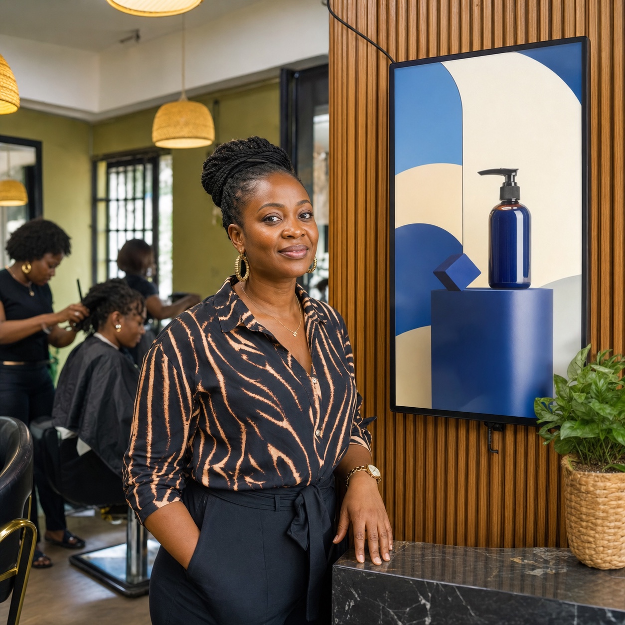 A salon owner beside the advertising TV in her venue